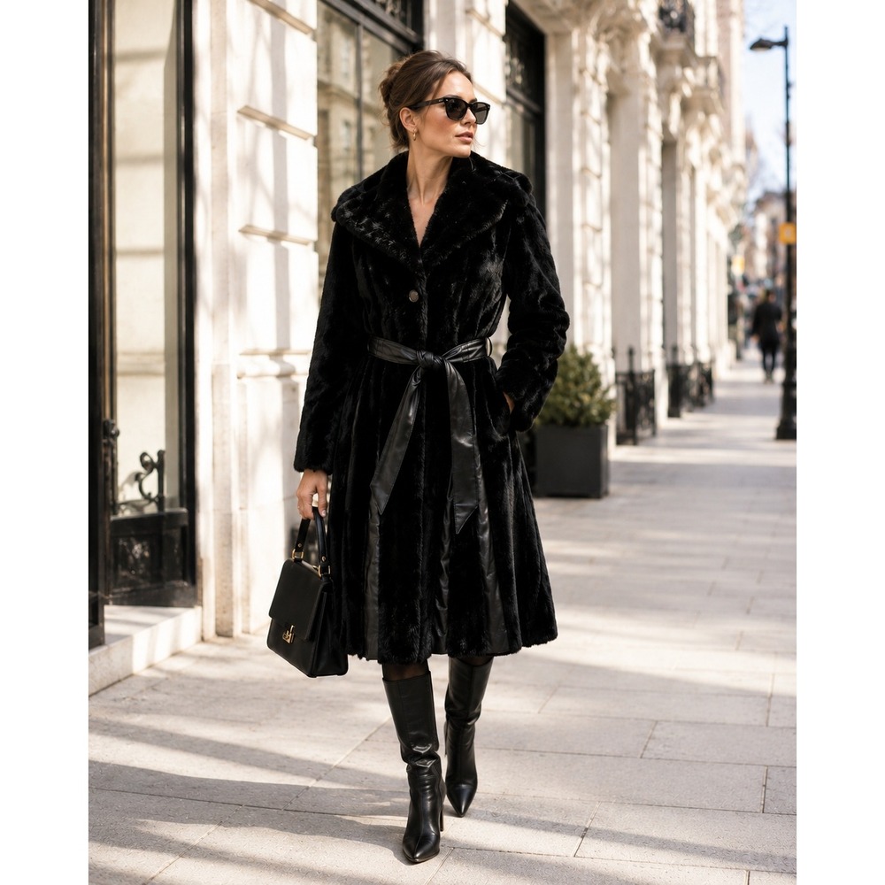 Jet Set of California Vintage Faux Fur Leather Belted Coat Brown Size 8 Malta